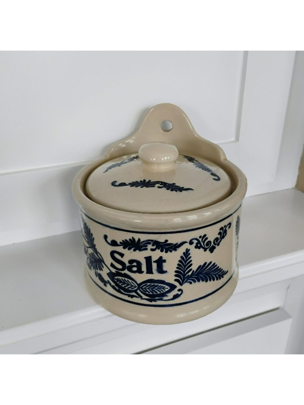 Vintage Blue Fern Stoneware Salt Box w Lid, Country Primitive Hanging Salt Jar